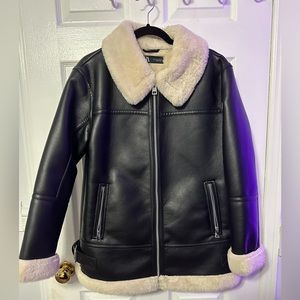 Zara black leather and lined fur jacket